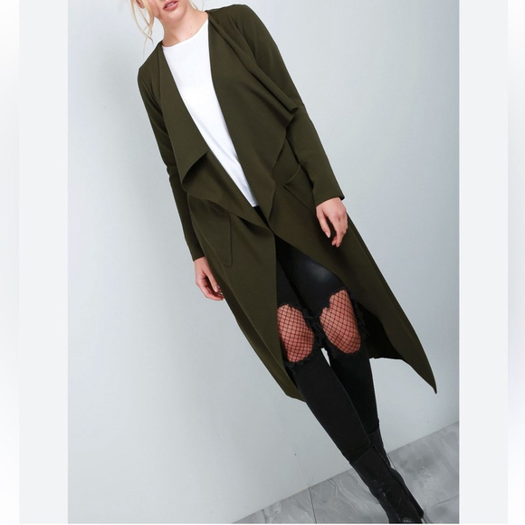 Sympli Sweaters - SYMPLI open front long cardigan duster Olive Green Drape Cardigan jacket size 2